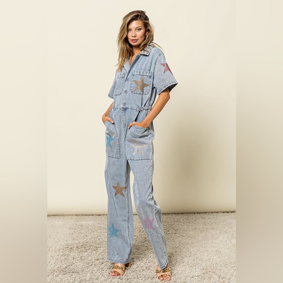 RHINESTONE STAR DENIM JUMPSUIT COVERALLS - Picture 5 of 6